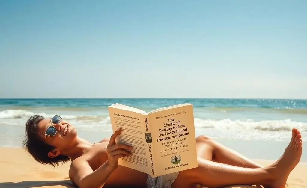 A person lounging on a beach reading about financial freedom.