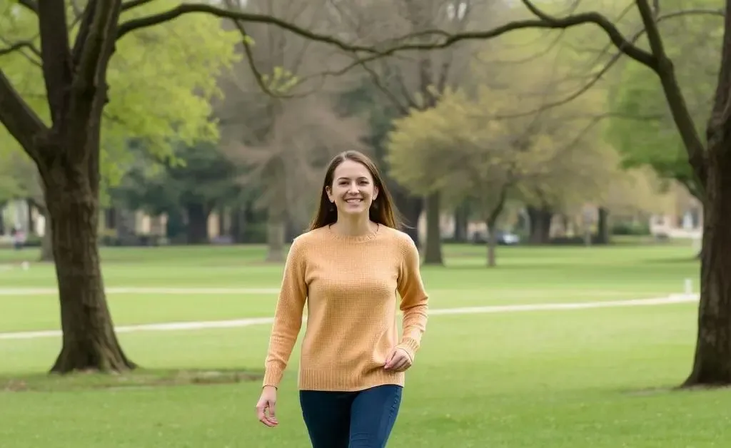 A person walking calmly through a park