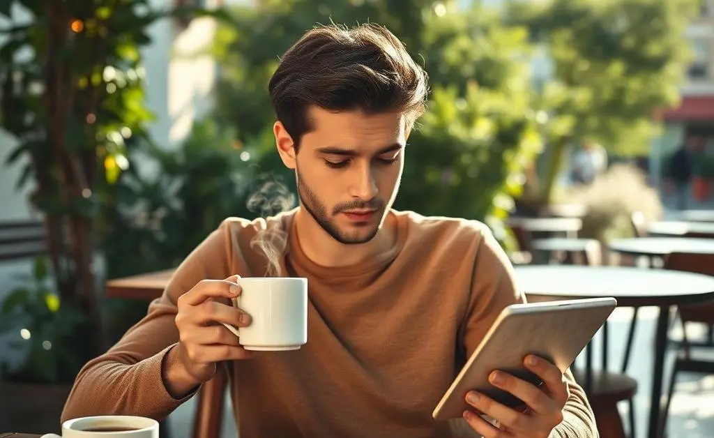 A peaceful scene of someone enjoying a coffee at a cafe while reading financial tips on their tablet.