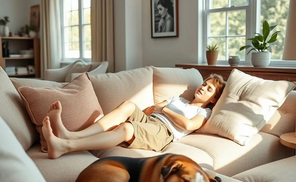 A person lounging in their living room with a pet, emphasizing relaxation during PTO.