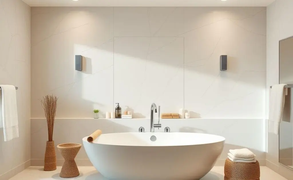 A tranquil bathroom with a large bathtub and spa-like accessories
