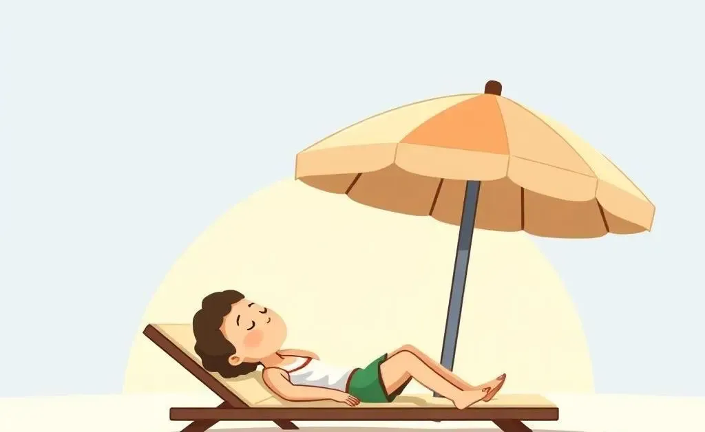 A peaceful cartoon image of a person relaxing under a beach umbrella.