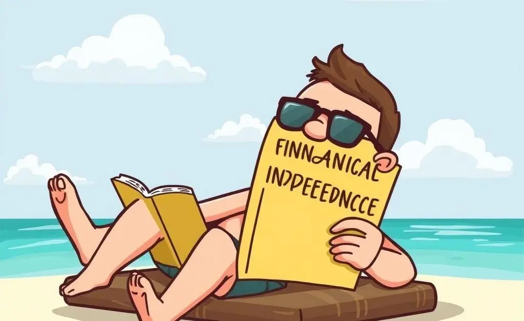 Someone relaxing on a beach with a book titled 'Financial Independence'