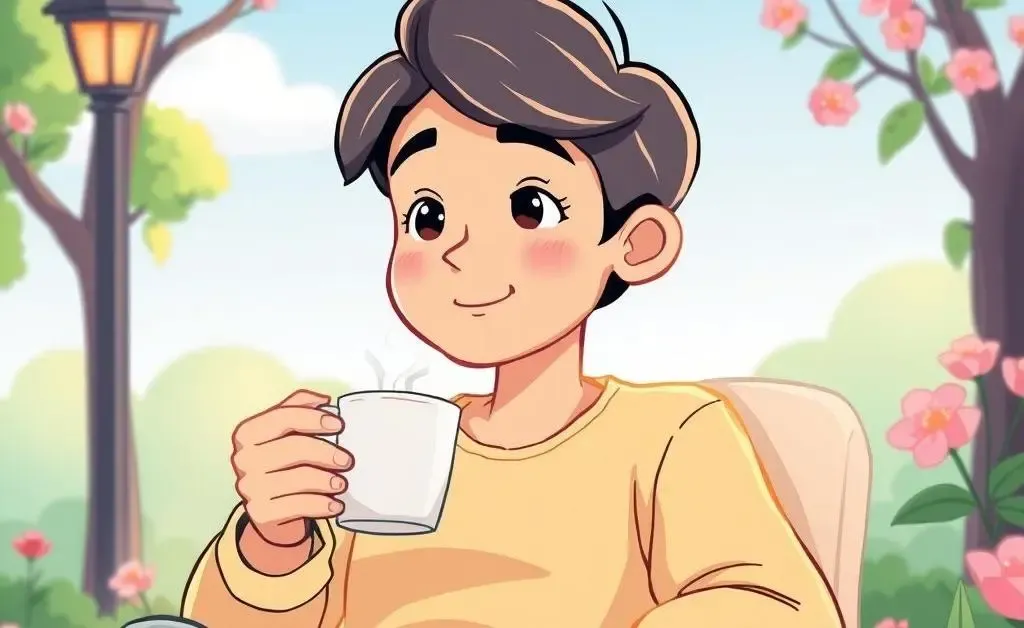 Cartoon-style image of a person taking a relaxing break with a coffee, looking thoughtful but calm