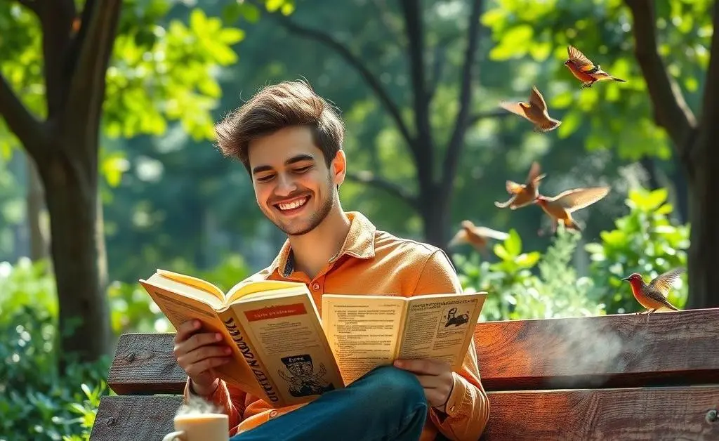 A person enjoying a break in the park with a book and coffee.