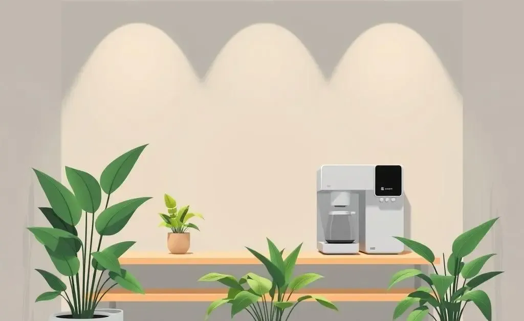 Minimalist illustration of a break room with plants, a coffee machine, and soothing lighting.