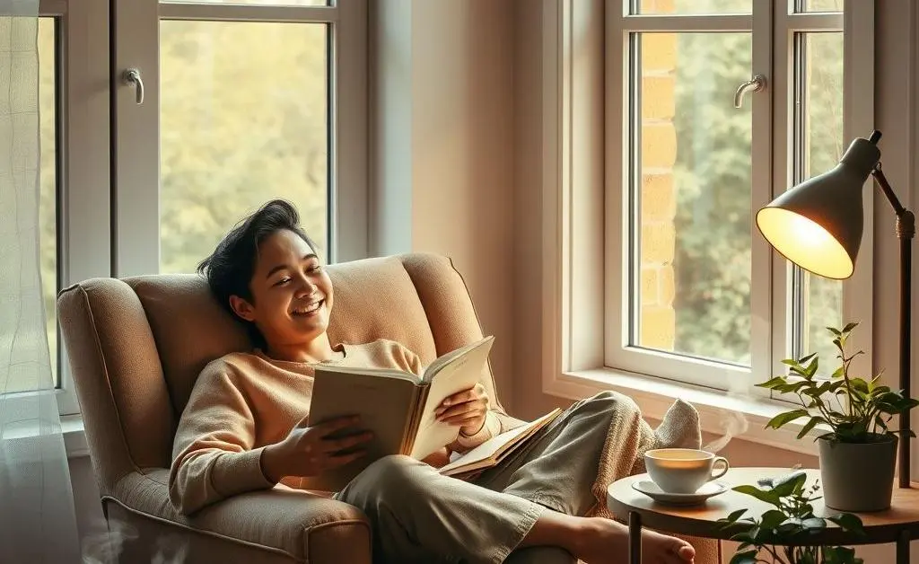 A cozy scene of a person relaxing with a book and a cup of tea by the window.