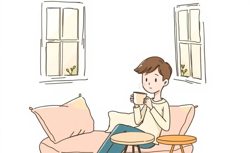 A hand-drawn style cartoon image of a person taking a relaxing break in a quiet corner, sipping coffee.