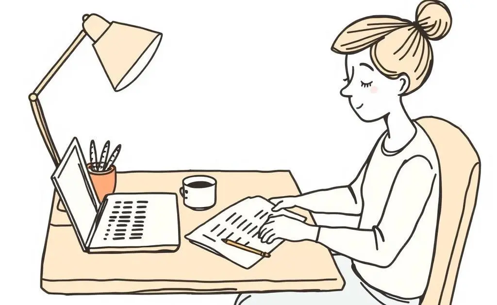 A hand-drawn image of someone peacefully planning a budget at a cozy desk setting with coffee and a laptop.