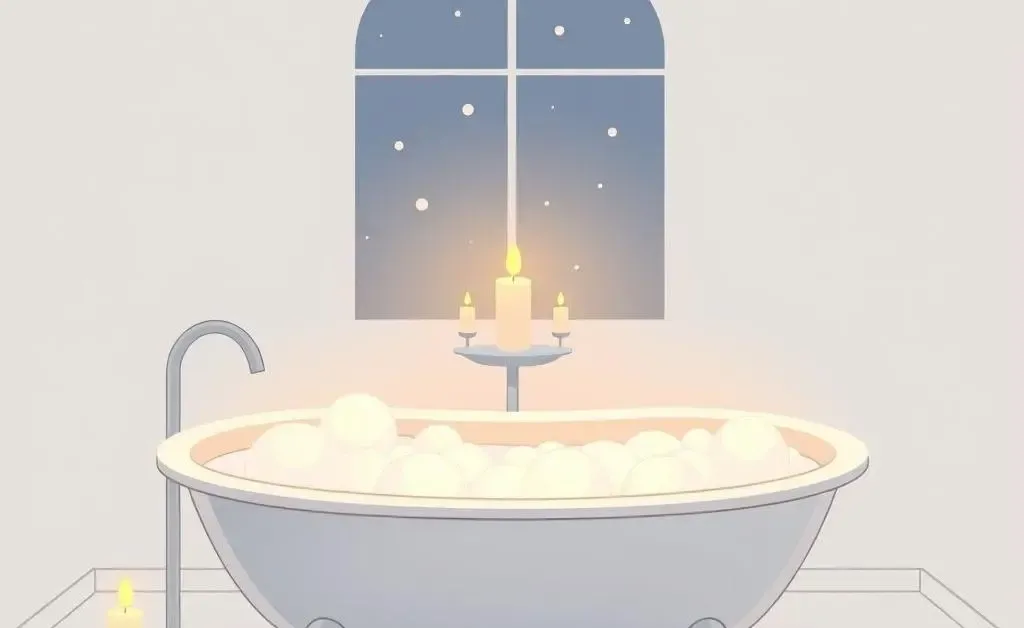 Bubble bath with candle light in windowless bathroom
