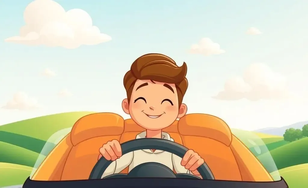 Cartoon of a person driving a car with a serene and relaxed expression