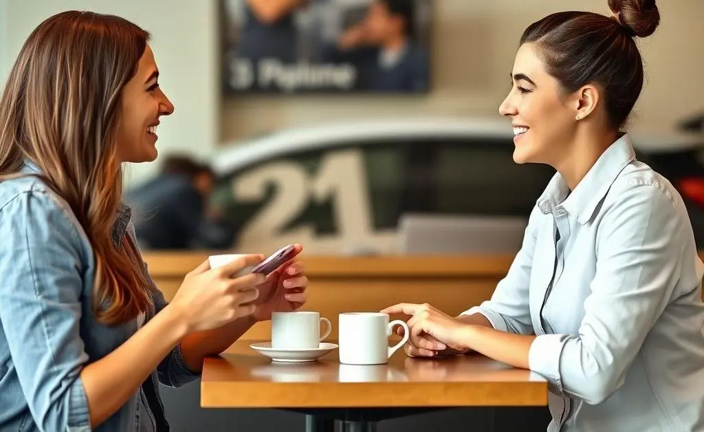 Two people having a friendly conversation over coffee, discussing car insurance.