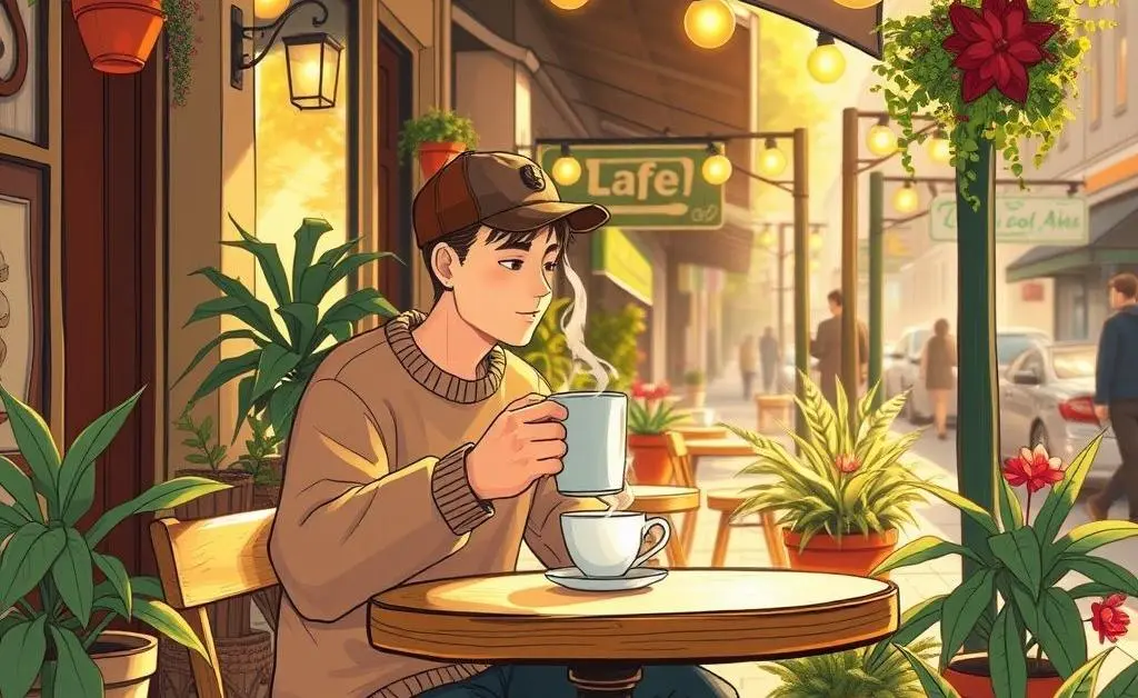 An illustration of someone enjoying a coffee break at a cafe, looking relaxed and content.