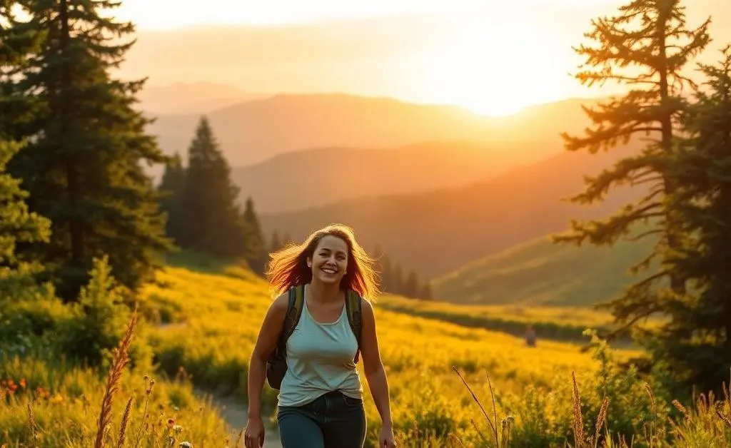 Couple hiking in a serene natural setting, enjoying their time together and appreciating the freedom of a worry-free future.