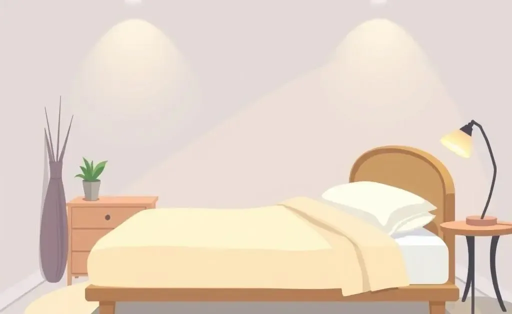 A soft cartoon illustration of a relaxing bedroom with a neatly made bed and ambient lighting.