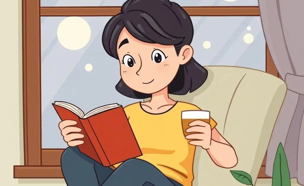 A person sitting by the window enjoying a book and a cup of tea