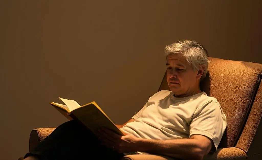 A person relaxing in an armchair reading a book, with a warm ambient light.