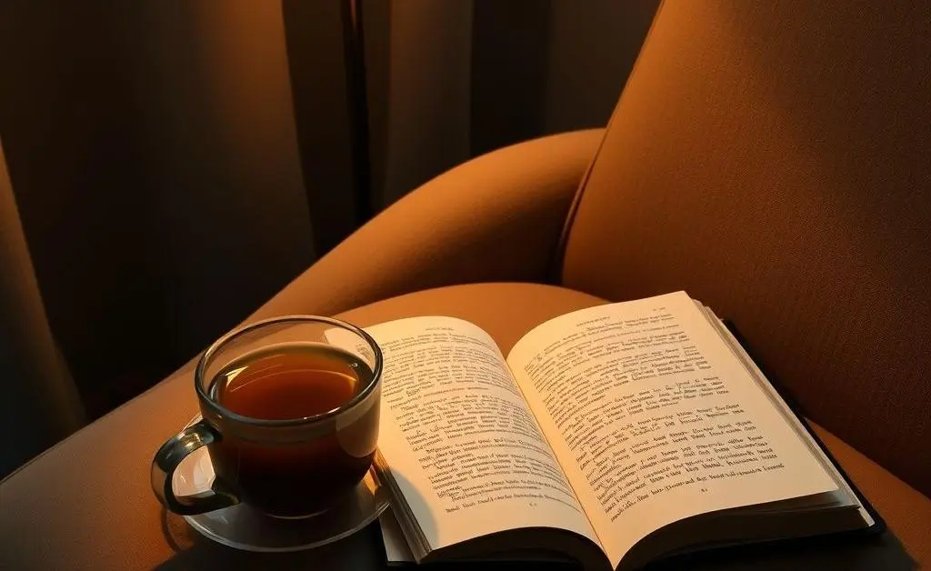 A serene evening setup with dim lighting, a book, and herbal tea on a comfy chair.