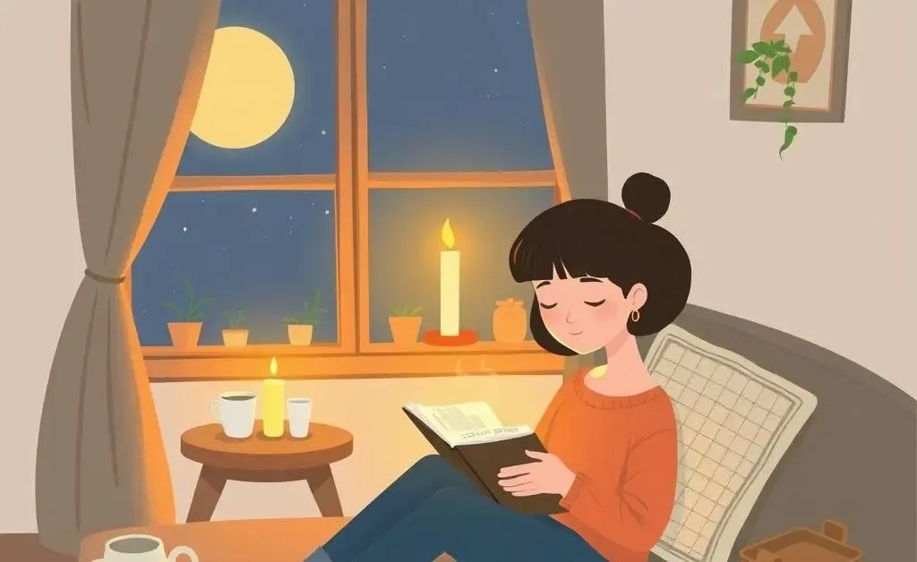 Illustration of a cozy room with a person enjoying tea and a book by candlelight.