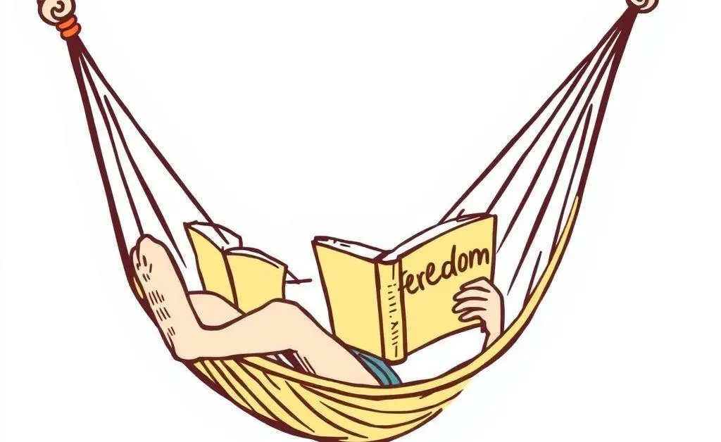Person relaxing on a hammock with a book titled 'Financial Freedom'.