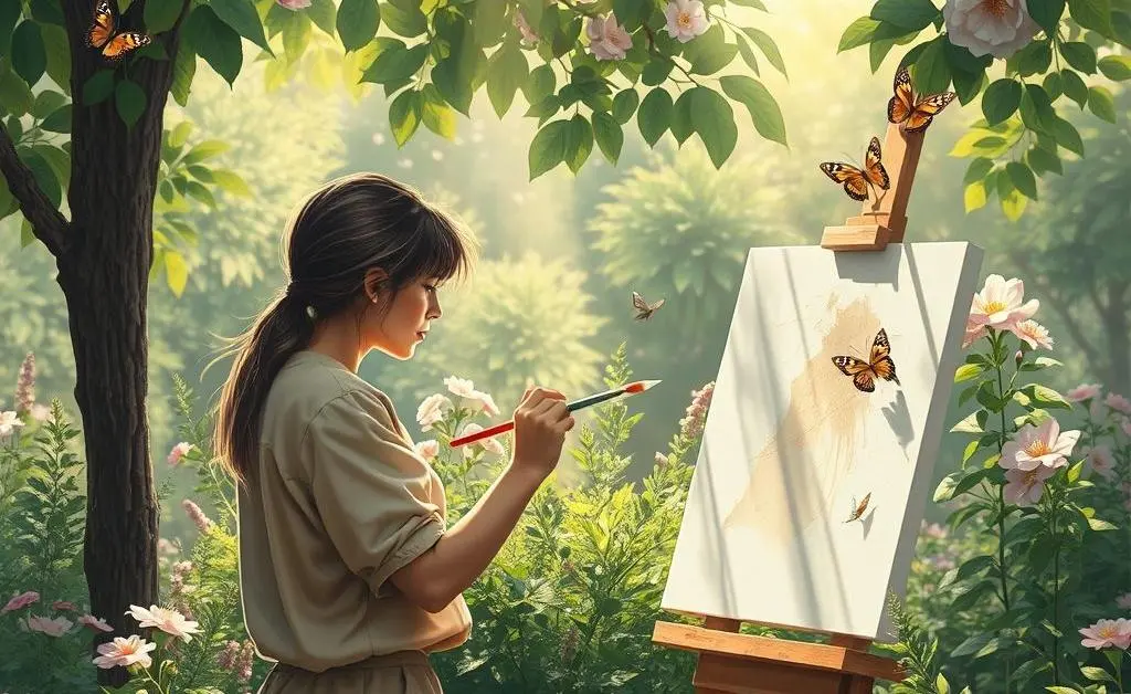 A peaceful scene of someone painting in a garden, surrounded by nature.
