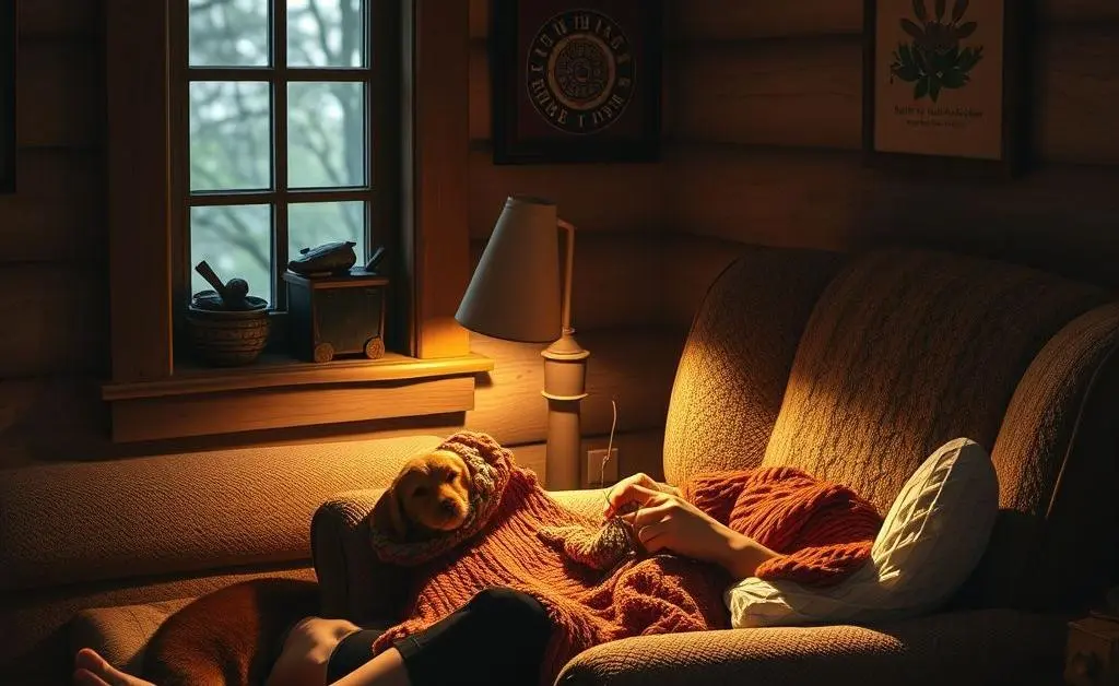 A cozy scene of a person knitting in a softly lit room with a pet by their side