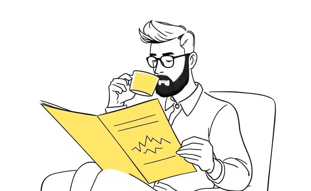 A relaxed investor reading a gold market report while sipping coffee.
