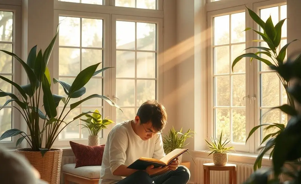 A person journaling in a peaceful, sunlit room