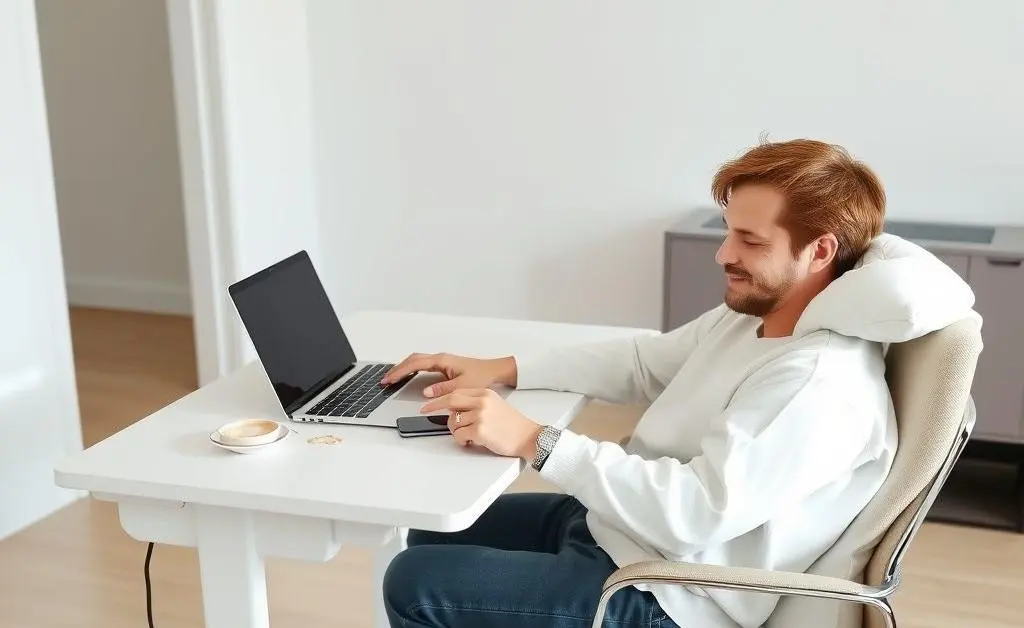 A person relaxing with a laptop and coffee on a minimalist desk, with a backdrop of a clear and tidy room.