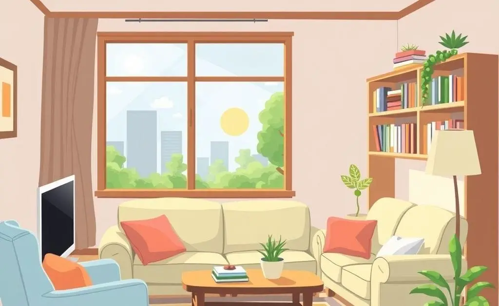 A relaxing living room with comfy furniture and bookshelves