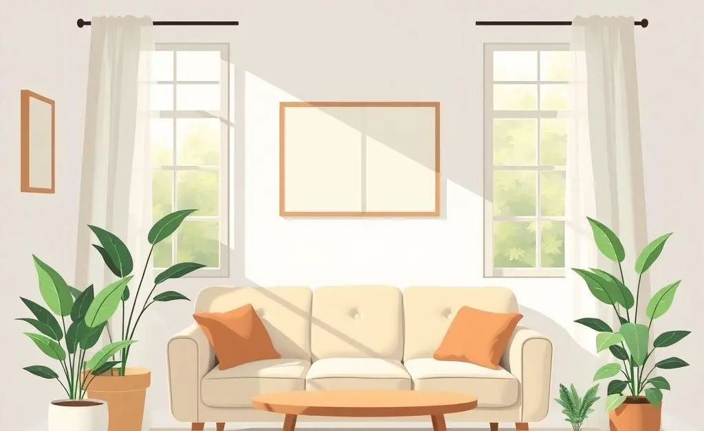 A cozy, minimalist living room with sunlight streaming in.