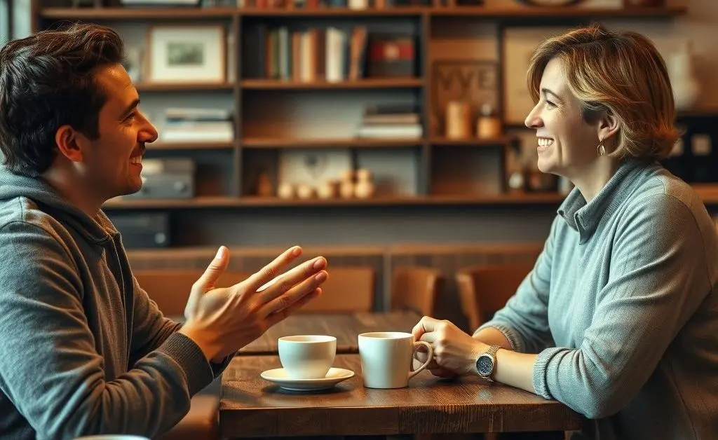 A person having a chat about money at a cozy coffee shop.