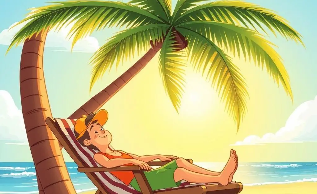 Cartoon illustration of a person lounging on a beach chair under a palm tree with a sunny setting.
