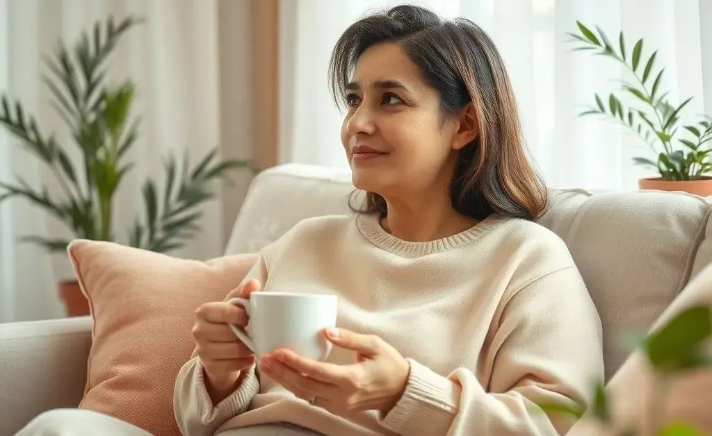 A peaceful parent relaxing with a cup of tea after finishing budgeting, with soft, tranquil surroundings.