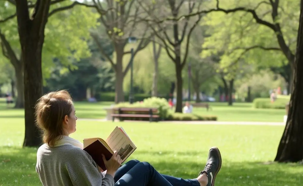 A person enjoying a relaxing break in a peaceful park setting with a book and coffee.