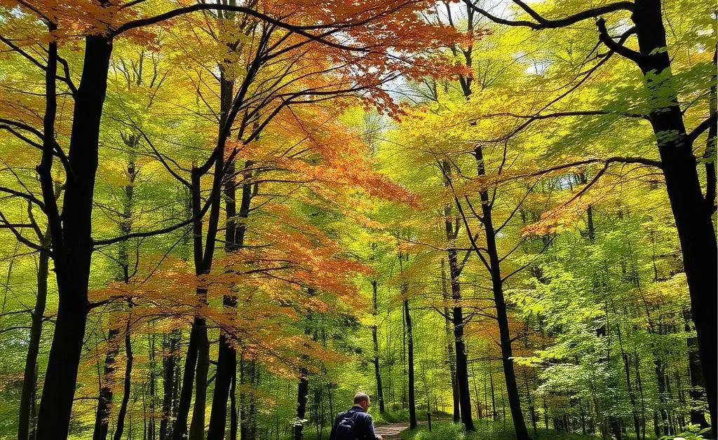 A person walking on a forest trail