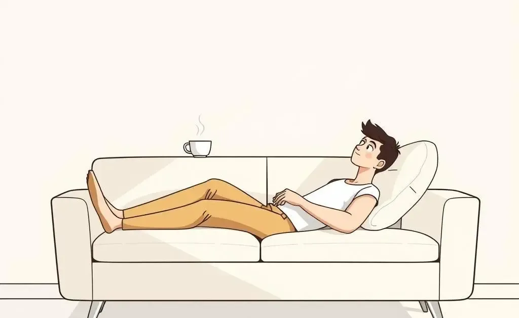Minimalist illustration of someone relaxing on a couch with a cup of tea after successfully securing a loan.