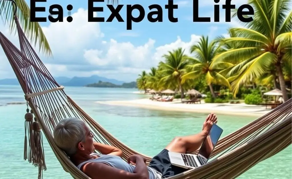 A person relaxing in a hammock, working on a laptop