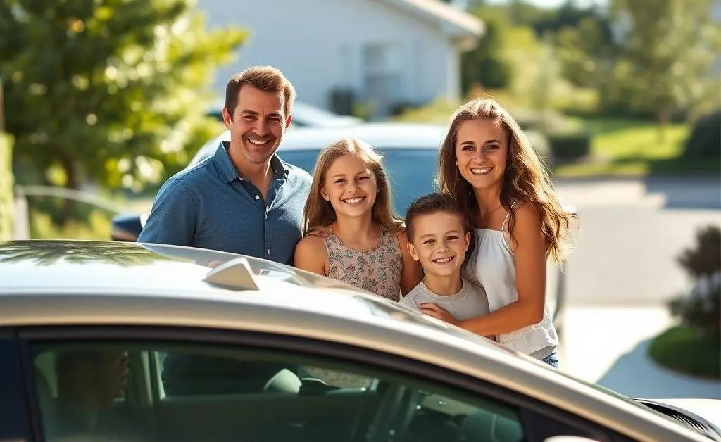 A smiling family posing by a reliable used car in their driveway