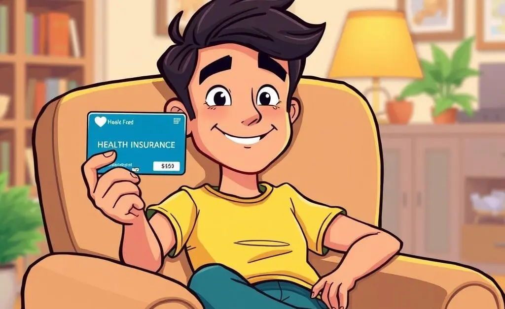 Cartoon of a relaxed person sitting on a chair with a health insurance card in hand.