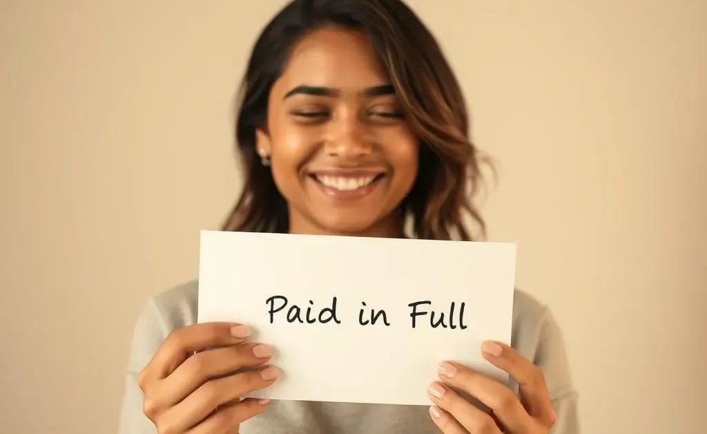 A relieved person holding an envelope labeled 'Paid in Full'