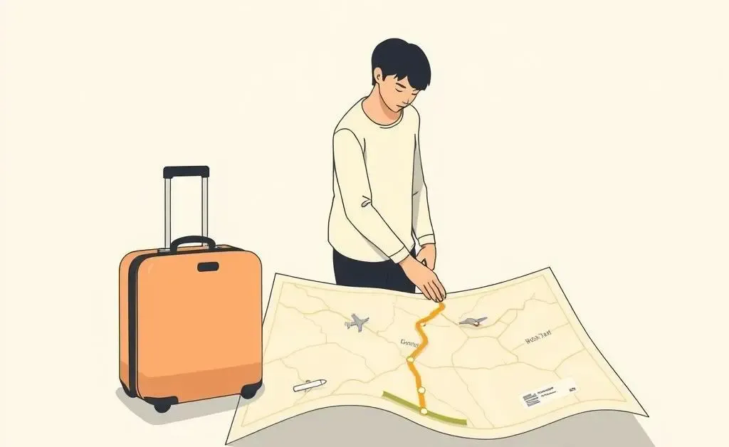 Minimalist image of a person planning relocation with a suitcase and a roadmap.