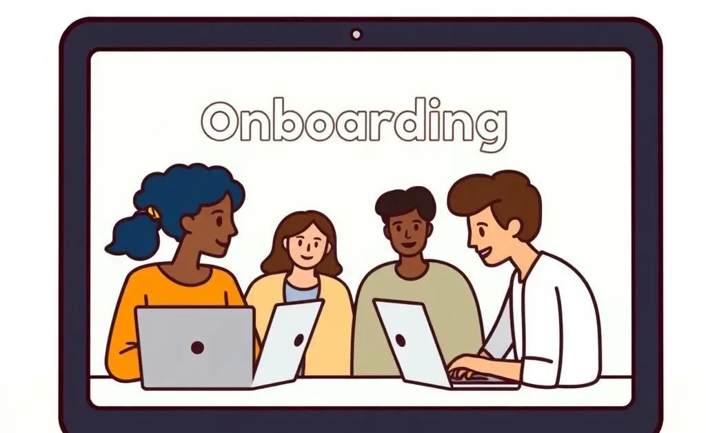 Cartoon-style image of people participating in a virtual onboarding workshop on their laptops.