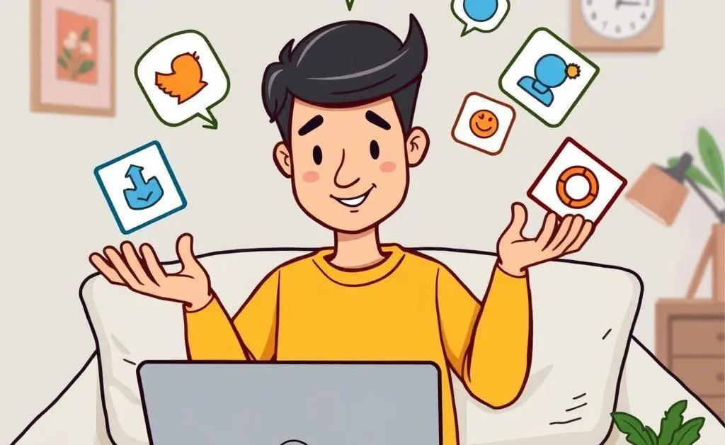 Person juggling tasks while working on a laptop at home