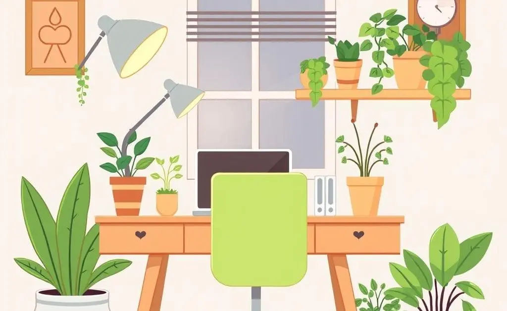 Cozy home office setup with plants and a laptop