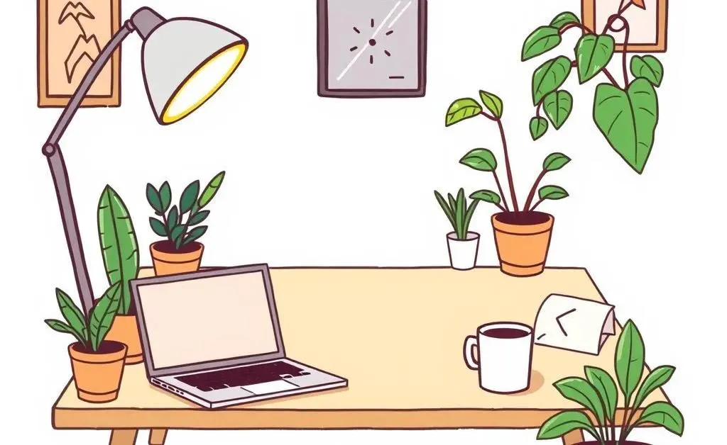 Home office setup with laptop and plants