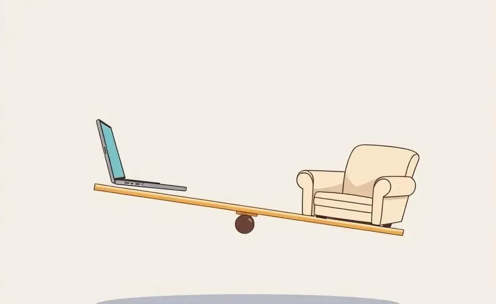 A seesaw balancing a laptop and a sofa representing work-life balance