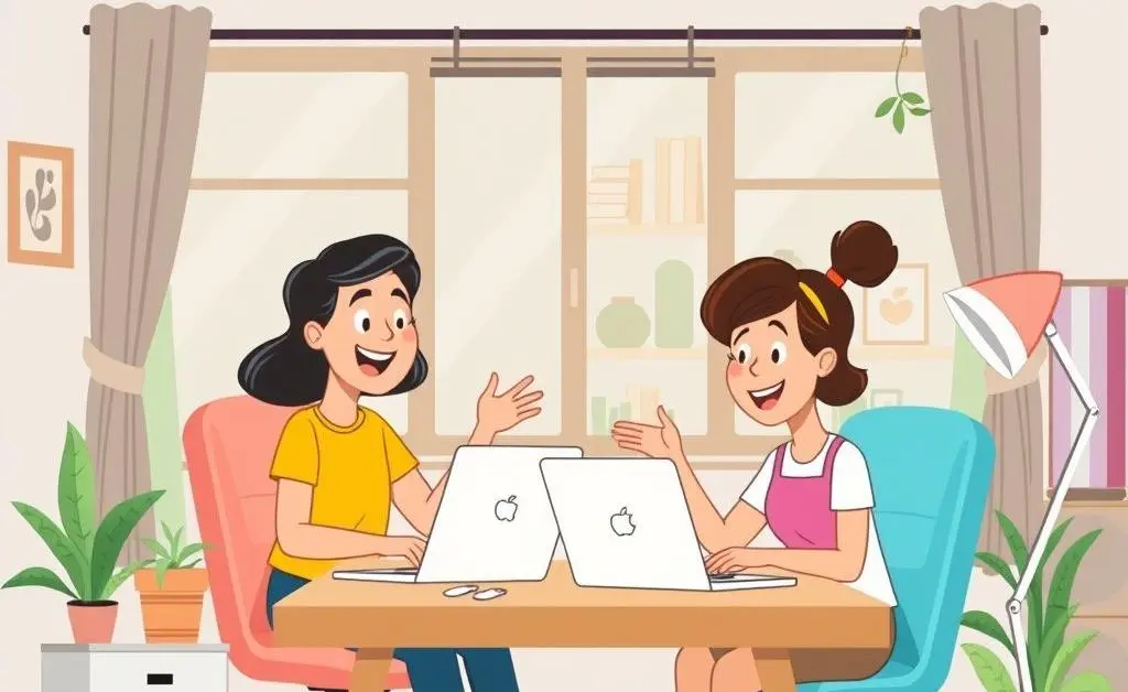 Cartoon-style scene of a home office with two people happily working remotely