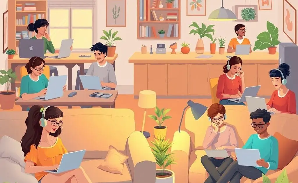 Illustration of diverse people working remotely from comfortable home environments.