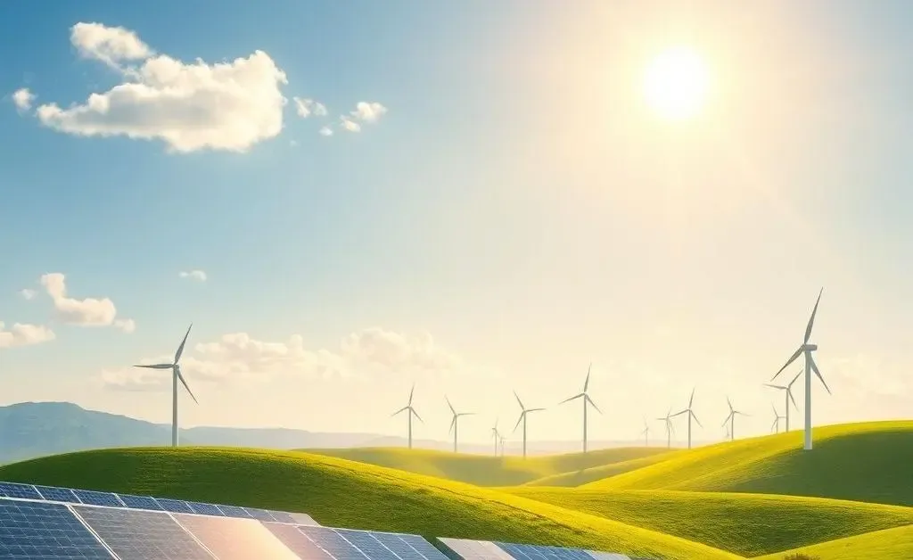 Illustration of solar panels and wind turbines under a sunny sky